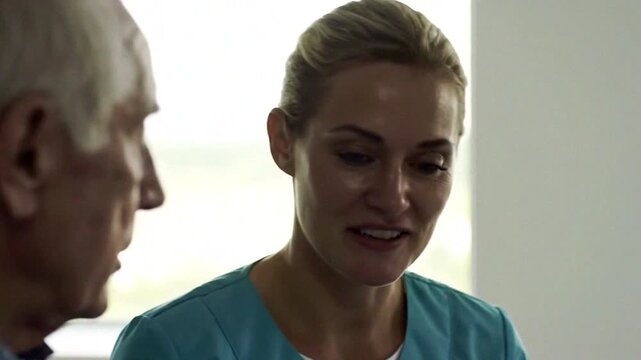 A supportive healthcare professional engages in a compassionate conversation with an elderly individual.