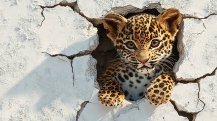 Naklejka premium A baby leopard peeks from a villager’s hole, radiating curiosity, charm, and wild innocence.