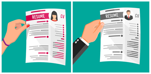 Woman and man hands holding resume and CV. Job application process, hiring, professional recruitment concept. Flat style vector set.