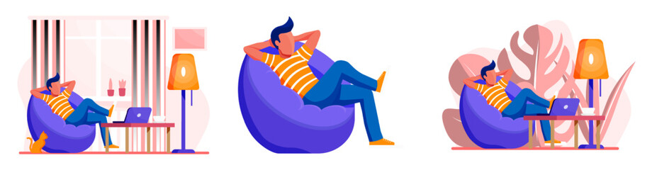 Man relaxing in beanbag chair at home. Remote work, freelance or comfortable leisure activity. Flat vector illustration.