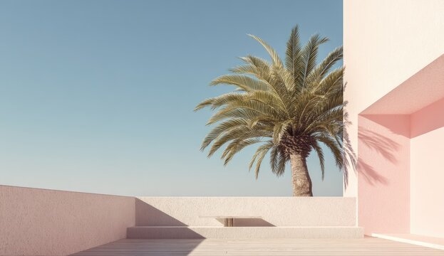 Minimalist scene a palm tree stands beside a pale pink building against a clear blue sky. A simple, geometric platform is in the foreground - Powered by Adobe