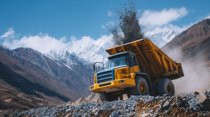 Dramatic low-angle shot of dump truck unloading gravel, sky in background contrasting with rugged construction textures, infrastructure progress scene
