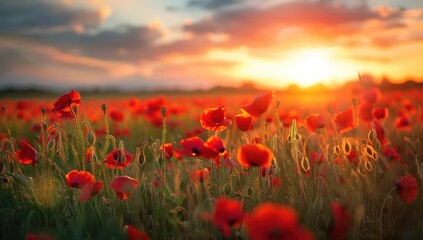 Vibrant red poppies sway gently in a vast field at sunset, bathed in the warm golden light.  The sky displays a mix of fiery orange and soft clouds