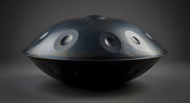 Handpan Drum Metallic Blue on Gray Background Studio Shot