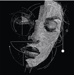 Artistic abstract portrait of woman created with fine line art and geometric elements on black background. Perfect for modern art prints, posters, album covers or creative projects
