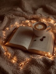 Cup of coffee with a book in a cozy setting. Winter mood and peaceful comfort.