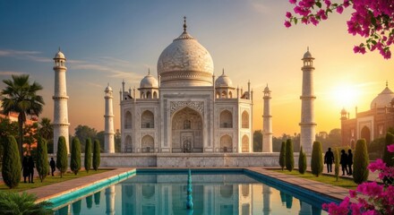 Obraz premium White Marble Taj Mahal Architecture Sunset Scene with Pink Flowers and Water Reflection