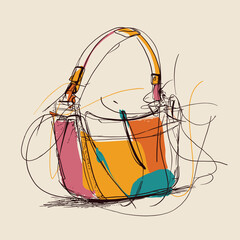 Artistic hand drawn sketch of stylish handbag with abstract colorful accents. Perfect for fashion design, accessories branding, boutique promotion or creative projects