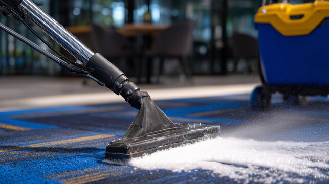Close-up of powerful carpet cleaning machine scrubbing deep into fibers, foamy cleaning solution lifting dirt from commercial carpet, vibrant colors emerging beneath