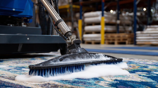 Close-up of powerful carpet cleaning machine scrubbing deep into fibers, foamy cleaning solution lifting dirt from commercial carpet, vibrant colors emerging beneath