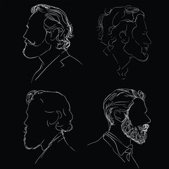 Hand drawn line art portraits of men with beard and hairstyle in profile silhouette style. Minimal vector illustration perfect for barbershop branding, fashion, logos, posters or wall art
