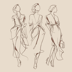 Minimal line art sketches of stylish women in dresses. Hand drawn vector illustration perfect for fashion design, branding, magazines, posters, wall art or boutique promotion