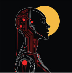 Abstract vector illustration of female cyborg head with circuit lines and red accents against black background with yellow circle. Perfect for sci-fi art, technology, AI, posters or concept design