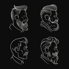 Hand drawn line art portraits of men with beard and hairstyle in profile view. Minimal vector illustration perfect for barbershop branding, fashion design, posters, wall art or logos
