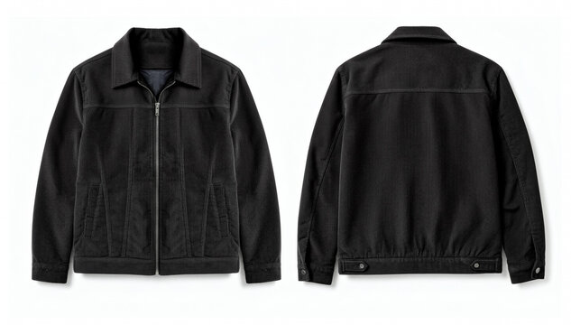 Black Corduroy Jacket with Zipper Front and Back View Isolated on White Background