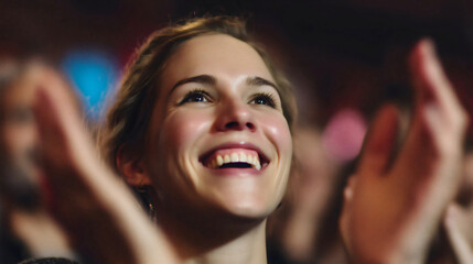 A portrait of a smiling woman clapping in an audience, an inspired person showing appreciation at a theater or conference, a happy spectator in a crowd giving an applause, a concept of support.