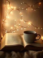 Cup of coffee with a book in a cozy setting. Winter mood and peaceful comfort.