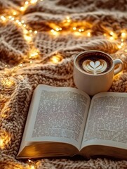 Cup of coffee with a book in a cozy setting. Winter mood and peaceful comfort.