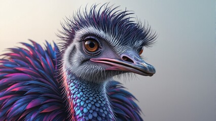 Close-up portrait of a vibrantly colored ostrich with blue and purple feathers on soft gradient background