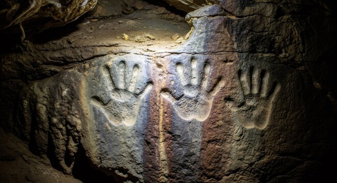 Ancient hand carvings on cave wall. Prehistoric rock art. Archaeological discovery. Cave painting and artwork of primitive people.