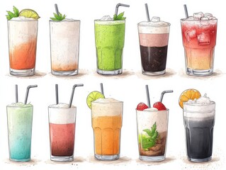 Illustrated Set of Colorful Drinks in Glasses