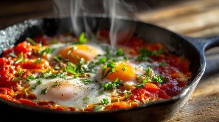 Closeup of a steaming skillet filled with shakshuka, a savory dish of eggs poached in tomato sauce, garnished with fresh herbs