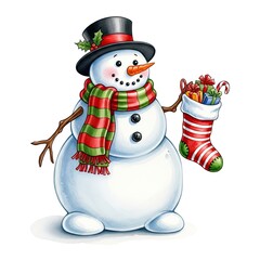 A jovial snowman, adorned with a top hat and scarf, clutches a festive stocking overflowing with Christmas gifts, celebrating the holiday season.