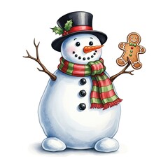 A cheerful snowman stands holding a gingerbread man, it wears a top hat, scarf, and is decorated with holly. This scene evokes holiday spirit and warmth.