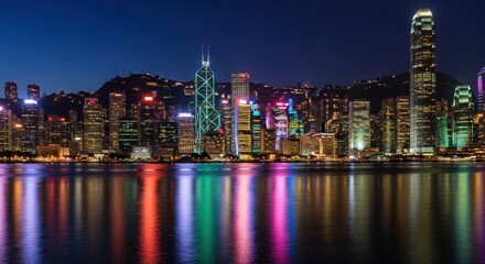 Naklejka premium Hong Kong Island Skyline at Night with Illuminated Skyscrapers and Reflections on Water