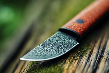 Closeup of Damascus Steel Knife on Wooden Surface