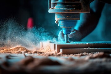 A CNC machine carves wood, scattering fine sawdust as it shapes a precise design, highlighting advanced woodworking technology