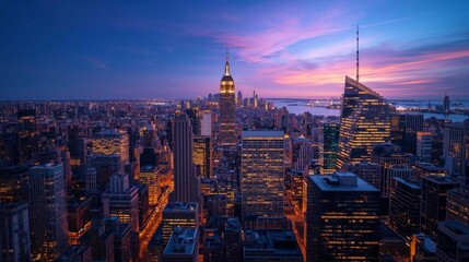 Vibrant NYC skyline at twilight.