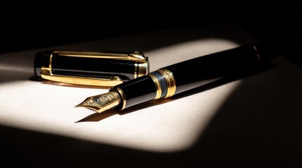 nib. Elegant fountain pen resting on a textured surface, captured from an overhead angle with warm lighting for a sophisticated look. lifestyle magazines.