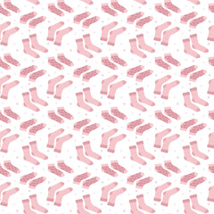 Cute seamless pattern with pink socks, perfect for posters and backgrounds. Cozy footwear element