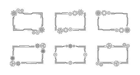 Outline rectangular frames with different gears and cogwheels. Black elements, isolated on a white background. Mechanism. Steampunk. Vector set for greeting card, decoration, cover, signage and emblem