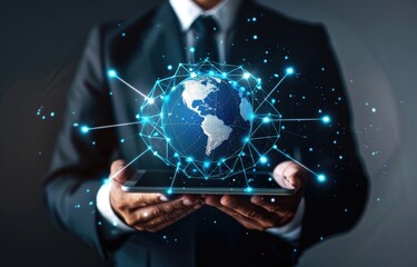 A person in a suit holds a tablet displaying a digital globe, symbolizing global connectivity and networking. The image evokes themes of technology, business, and international communication