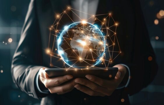 A person in a dark suit holds a tablet displaying a glowing digital earth encircled by a network of connections.  It symbolizes global connectivity and digital technology