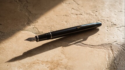 nib. Elegant fountain pen resting on a textured surface, captured from an overhead angle with warm lighting for a sophisticated look. lifestyle magazines.