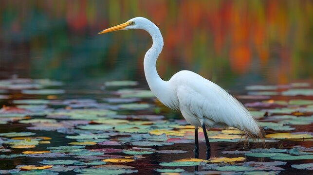 A great egret stands gracefully in shallow water surrounded by colorful lily pads, with a vibrant blurred background