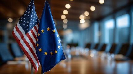 USA and EU flags positioned side by side on elegant conference table, blurred diplomatic setting in background