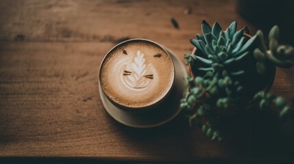 A cup of latte with leaf latte art sits on a wooden table beside a green succulent plant in soft, natural lighting