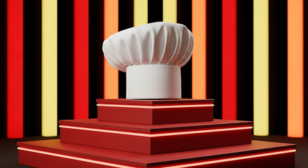 A chefs hat sits on a red podium with glowing lights in the background, symbolizing culinary achievement and excellence