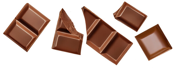 Broken chocolate bar pieces isolated on white. High-Quality Chocolate chunks with scattered  cocoa crumbs Top view. Flat lay. Colection