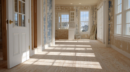 Fototapeta premium Bright new home interior with smooth drywall surface on walls, clean texture-free finish illuminated by natural sunlight from nearby windows