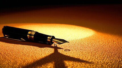 nib. Elegant fountain pen resting on a textured surface, captured from an overhead angle with warm lighting for a sophisticated look. lifestyle magazines.