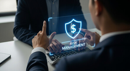 Navigating Financial Risk Businessmen Collaborate on Risk Management Strategy with Shield Icon on Laptop Financial