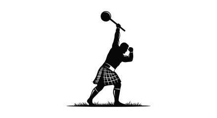 Silhouette of a highland athlete preparing to throw a hammer in sport