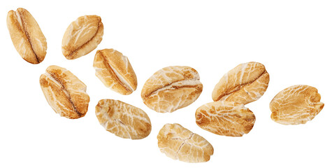Rolled Oat flakes  explosion. Levitating oatflakes shattering isolated on white background. Falling oats and crumbs 