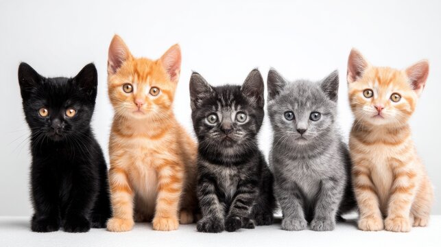 Five adorable kittens of various colors sit in a row against a white background, looking curiously at the camera
