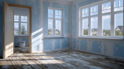 Fototapeta premium Modern empty bedroom interior with fresh drywall walls, texture-free surfaces awaiting paint and decoration
